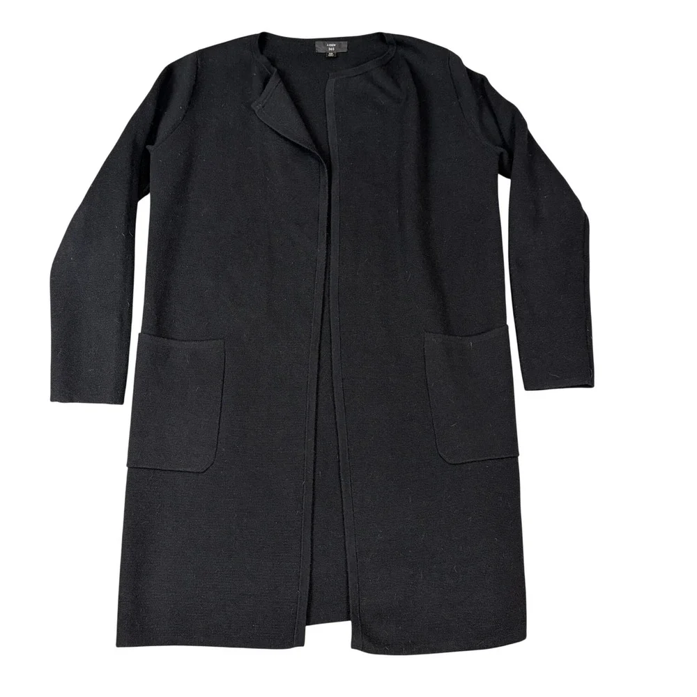 J.Crew Cardigan Sweater Womens XS Black Open Front Longline Merino Blend J6339